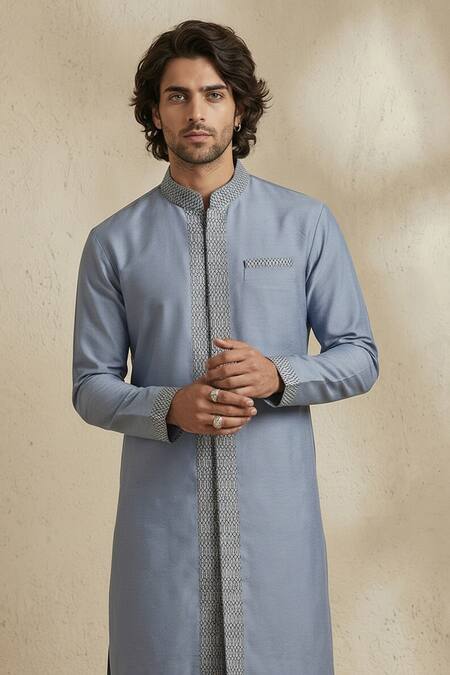 Buy_Bubber Couture_Grey Silk, Cotton Embroidery Iron Gate Layered Kurta Set _Online_at_Aza_Fashions