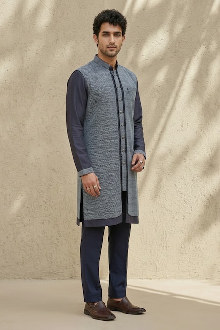 Bubber Couture_Blue Silk, Cotton Embroidery Iron Gate Layered Kurta And Pant Set _Online_at_Aza_Fashions