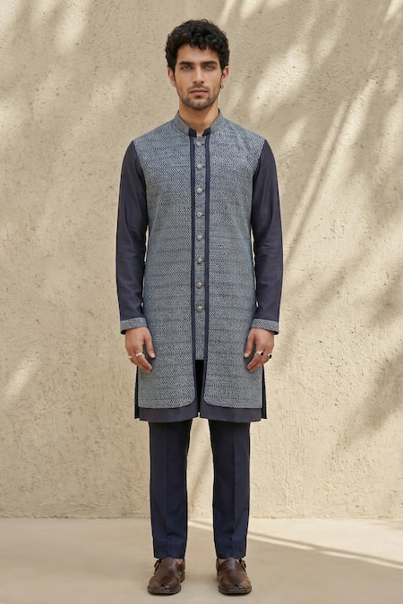 Shop_Bubber Couture_Blue Silk, Cotton Embroidery Iron Gate Layered Kurta And Pant Set _Online_at_Aza_Fashions