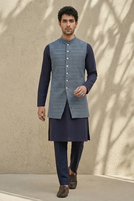 Buy_Bubber Couture_Sky Blue Silk, Cotton Embroidery Iron Gate Sleeveless Bundi _Online_at_Aza_Fashions