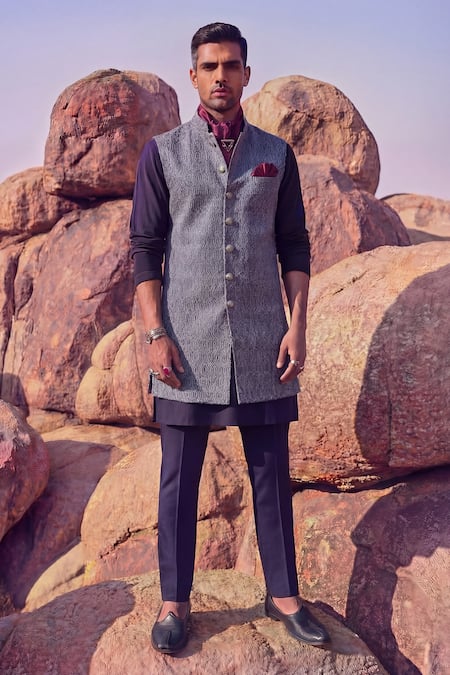 Bubber Couture_Sky Blue Silk, Cotton Embroidery Iron Gate Sleeveless Bundi _at_Aza_Fashions