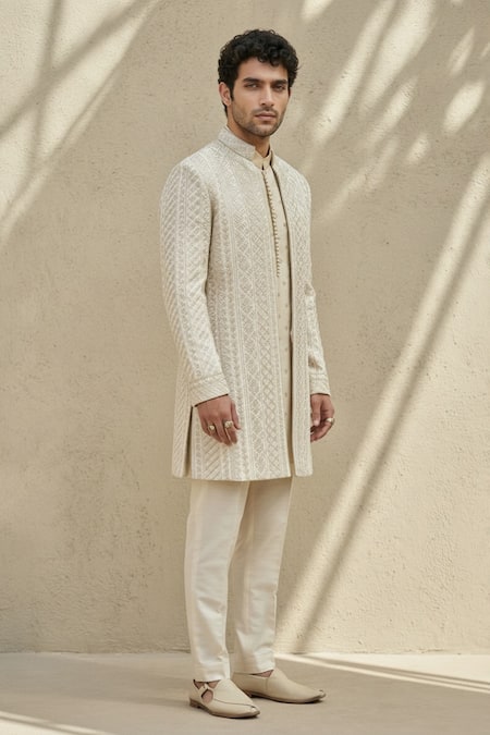Bubber Couture_Off White Silk Embroidery Mosaic Sherwani Jacket _Online_at_Aza_Fashions