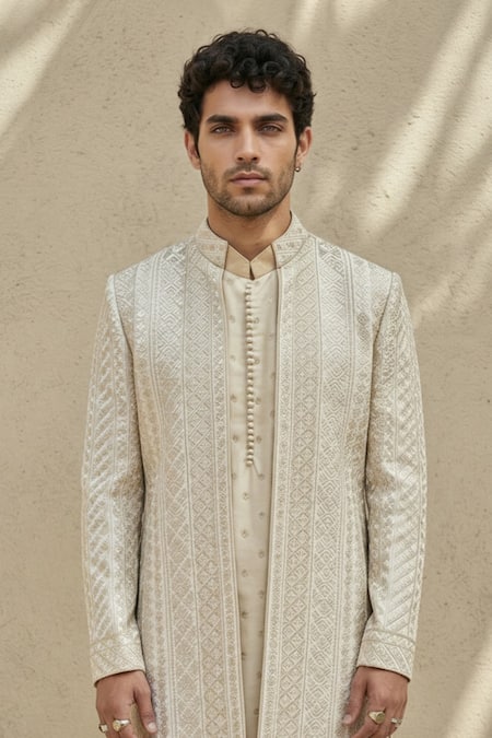 Buy_Bubber Couture_Off White Silk Embroidery Mosaic Sherwani Jacket _Online_at_Aza_Fashions