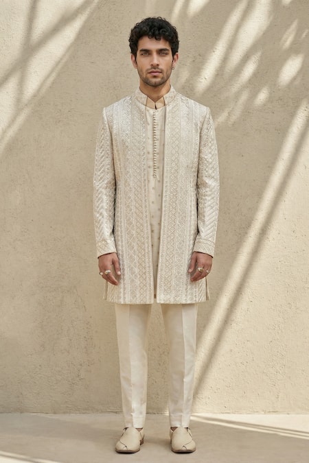 Shop_Bubber Couture_Off White Silk Embroidery Mosaic Sherwani Jacket _Online_at_Aza_Fashions