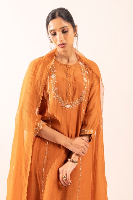 Shop_Tatwa_Orange Chanderi Embroidery Round Neck Resham Kurta Set _Online_at_Aza_Fashions
