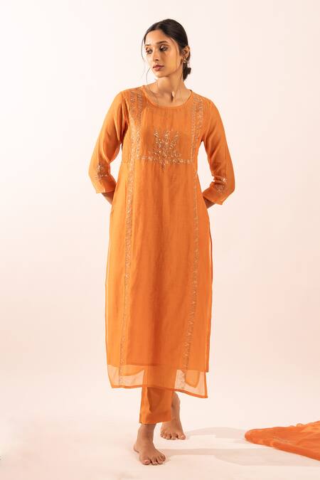 Tatwa_Orange Chanderi Embroidery Round Neck Straight Kurta Set _Online_at_Aza_Fashions