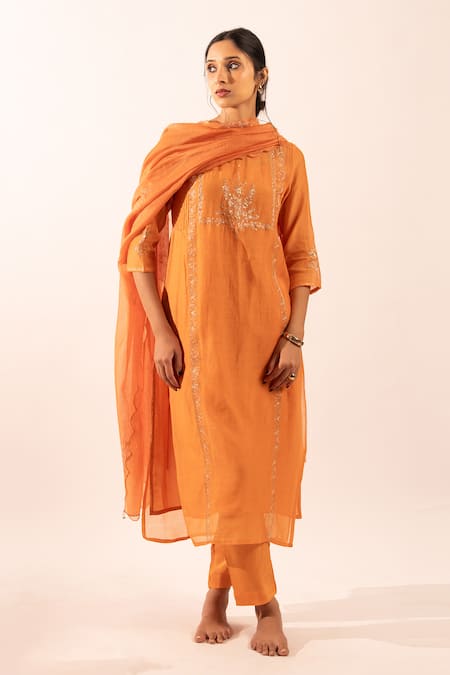 Buy_Tatwa_Orange Chanderi Embroidery Round Neck Straight Kurta Set 