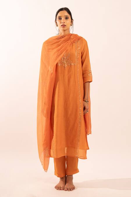 Shop_Tatwa_Orange Chanderi Embroidery Round Neck Straight Kurta Set 