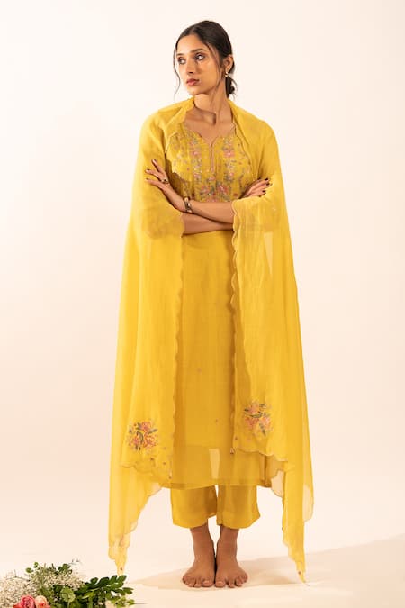 Tatwa_Mustard Chanderi Embroidery Split V-neck Kurta Set _Online_at_Aza_Fashions