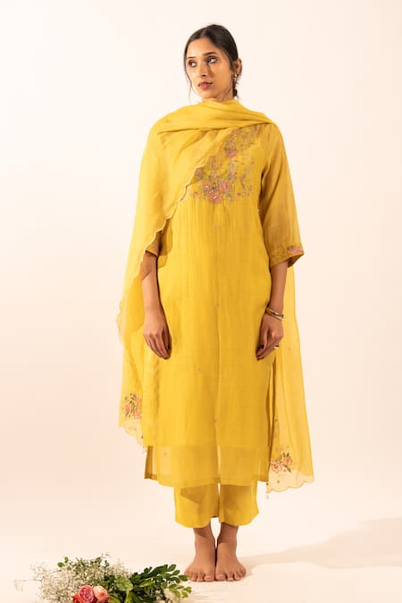 Shop_Tatwa_Mustard Chanderi Embroidery Split V-neck Kurta Set _Online_at_Aza_Fashions