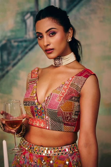 Label Moni K_Multi Color Silk, Organza Sequins, Haseena Floral Embroidered Lehenga Set _Online_at_Aza_Fashions