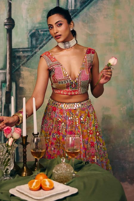 Buy_Label Moni K_Multi Color Silk, Organza Sequins, Haseena Floral Embroidered Lehenga Set _Online_at_Aza_Fashions