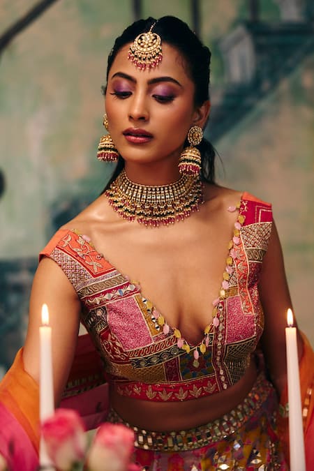 Shop_Label Moni K_Multi Color Silk, Organza Sequins, Haseena Floral Embroidered Lehenga Set _Online_at_Aza_Fashions