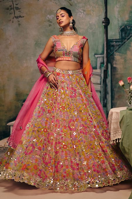 Label Moni K_Multi Color Silk, Organza Sequins, Haseena Floral Embroidered Lehenga Set _at_Aza_Fashions