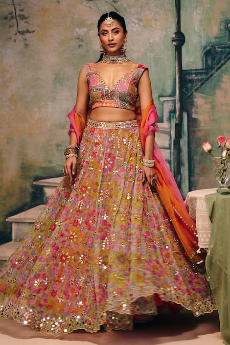 Buy_Label Moni K_Multi Color Silk, Organza Sequins, Haseena Floral Embroidered Lehenga Set 