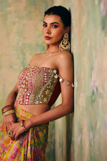 Label Moni K_Multi Color Organza Mirrors, Embroidery Dilruba Draped Skirt And Work Blouse Set _Online_at_Aza_Fashions