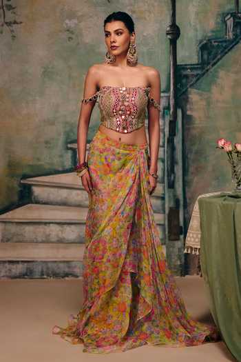 Buy_Label Moni K_Multi Color Organza Mirrors, Embroidery Dilruba Draped Skirt And Work Blouse Set _Online_at_Aza_Fashions