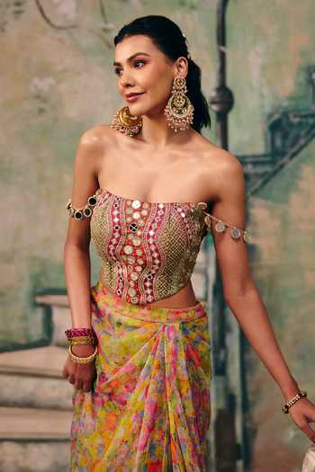 Shop_Label Moni K_Multi Color Organza Mirrors, Embroidery Dilruba Draped Skirt And Work Blouse Set _Online_at_Aza_Fashions