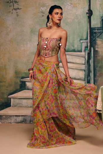 Buy_Label Moni K_Multi Color Organza Mirrors, Embroidery Dilruba Draped Skirt And Work Blouse Set 