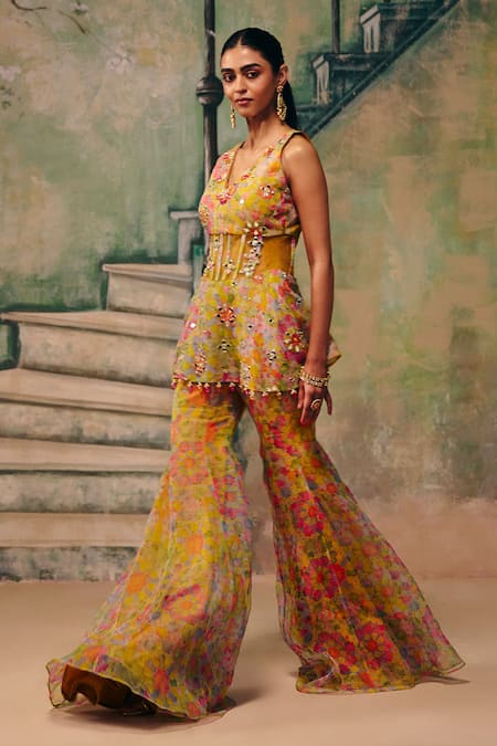 Label Moni K_Yellow Organza Embroidery, Mirrors Huzoor Floral Peplum Corset And Sharara Set _Online_at_Aza_Fashions