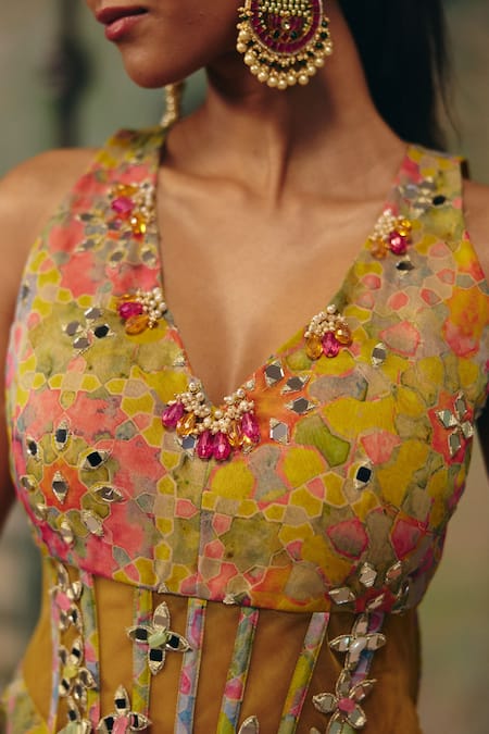 Buy_Label Moni K_Yellow Organza Embroidery, Mirrors Huzoor Floral Peplum Corset And Sharara Set _Online_at_Aza_Fashions