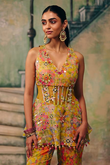 Shop_Label Moni K_Yellow Organza Embroidery, Mirrors Huzoor Floral Peplum Corset And Sharara Set _Online_at_Aza_Fashions