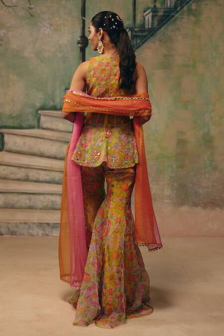 Label Moni K Huzoor Floral Peplum Corset Sharara Set 