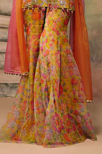 Label Moni K_Pink Organza Embroidery, Mirrors V-neck Peplum Sharara Set _Online_at_Aza_Fashions