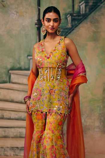 Buy_Label Moni K_Pink Organza Embroidery, Mirrors V-neck Peplum Sharara Set _Online_at_Aza_Fashions