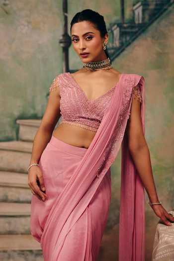 Label Moni K Pink Georgette, Net Crystals, Pari Pre-draed Saree With Embellished Blouse Online at Aza Fashions Label Moni K_Pink Georgette, Net Crystals, Pari Pre-draed Saree With Embellished Blouse _Online_at_Aza_Fashions