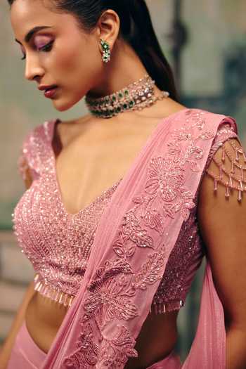 Buy Label Moni K Pink Georgette, Net Crystals, Pari Pre-draed Saree With Embellished Blouse Online at Aza Fashions Buy_Label Moni K_Pink Georgette, Net Crystals, Pari Pre-draed Saree With Embellished Blouse _Online_at_Aza_Fashions