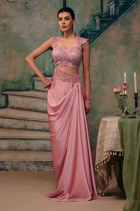 Label Moni K Desire Draped Skirt & Embroidered Blouse Set 