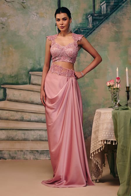 Shop_Label Moni K_Pink Satin, Organza Embroidery, Lace Desire Draped Skirt And Blouse Set _Online_at_Aza_Fashions
