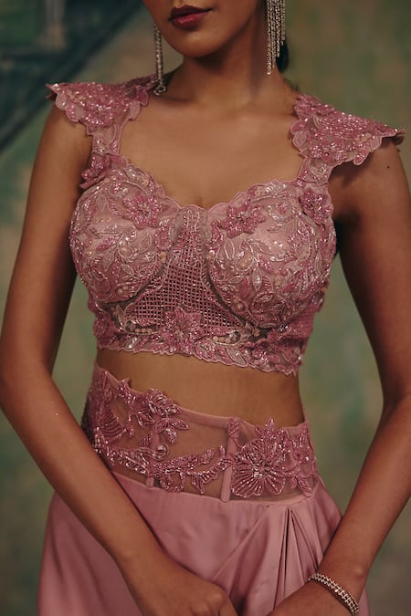 Label Moni K_Pink Satin, Organza Embroidery, Lace Desire Draped Skirt And Blouse Set _at_Aza_Fashions