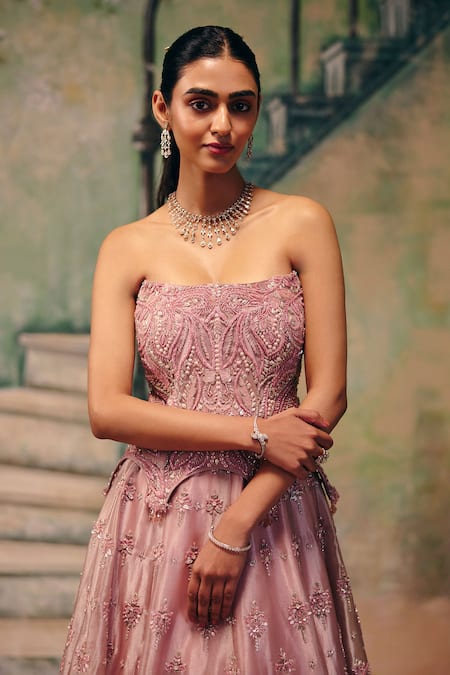 Label Moni K_Pink Organza Embroidery, Sequins, Beads, Dream Girl Corset Blouse And Lehenga Set _Online_at_Aza_Fashions