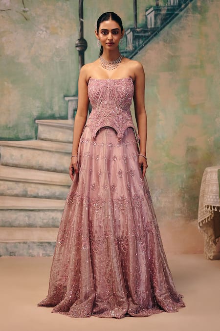 Buy_Label Moni K_Pink Organza Embroidery, Sequins, Beads, Dream Girl Corset Blouse And Lehenga Set _Online_at_Aza_Fashions