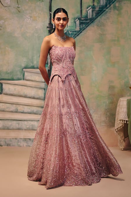 Buy_Label Moni K_Pink Organza Embroidery, Sequins, Beads, Dream Girl Corset Blouse And Lehenga Set 