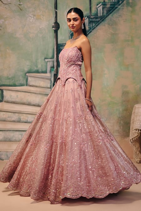 Shop_Label Moni K_Pink Organza Embroidery, Sequins, Beads, Dream Girl Corset Blouse And Lehenga Set 