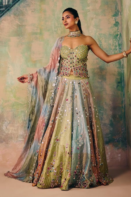 Label Moni K_Gold Chanderi Sequins, Mirrors Jhumka Embroidered Lehenga And Corset Blouse Set _Online_at_Aza_Fashions