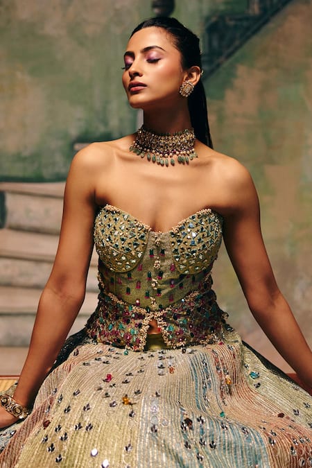 Buy_Label Moni K_Gold Chanderi Sequins, Mirrors Jhumka Embroidered Lehenga And Corset Blouse Set _Online_at_Aza_Fashions