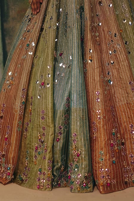 Shop_Label Moni K_Gold Chanderi Sequins, Mirrors Jhumka Embroidered Lehenga And Corset Blouse Set 