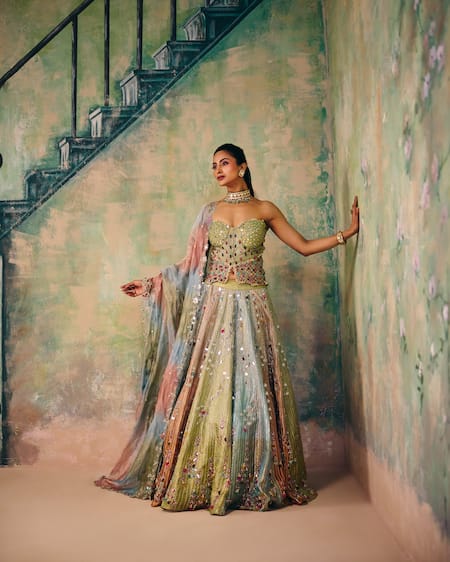 Label Moni K Jhumka Mirror Embroidered Lehenga Set 