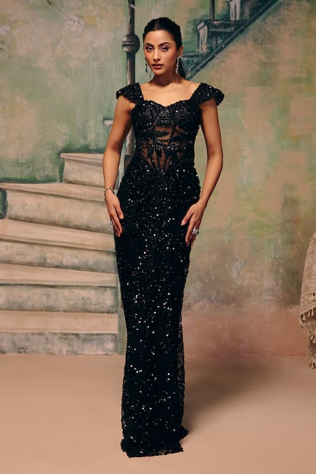 Buy_Label Moni K_Black Net Sequins, Beads, Embroidery Dawn Corset Top And Draped Skirt Set _Online_at_Aza_Fashions