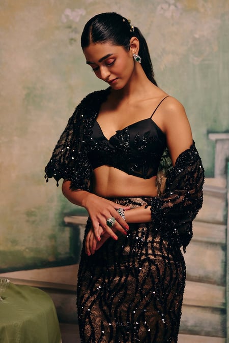 Label Moni K_Black Net Sequins, Beads, Embroidery Open Neck, Sweetheart Flora Skirt Cape Set _Online_at_Aza_Fashions