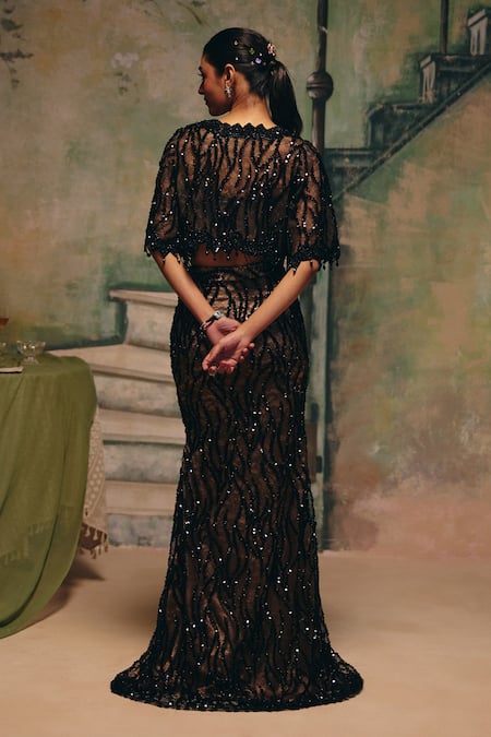 Label Moni K Black Flora Embroidered Skirt Cape Set 