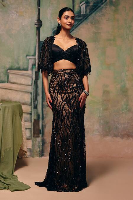 Shop_Label Moni K_Black Net Sequins, Beads, Embroidery Open Neck, Sweetheart Flora Skirt Cape Set _Online_at_Aza_Fashions