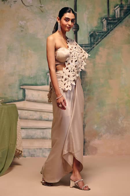 Label Moni K_Ivory Organza Cut Work Bandeau Neck Whisper Structured Draped Skirt Set _Online_at_Aza_Fashions