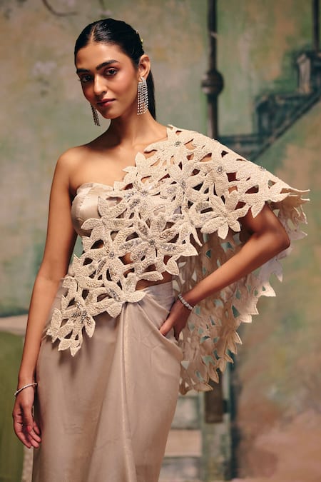 Buy_Label Moni K_Ivory Organza Cut Work Bandeau Neck Whisper Structured Draped Skirt Set _Online_at_Aza_Fashions