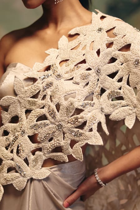 Shop_Label Moni K_Ivory Organza Cut Work Bandeau Neck Whisper Structured Draped Skirt Set _Online_at_Aza_Fashions