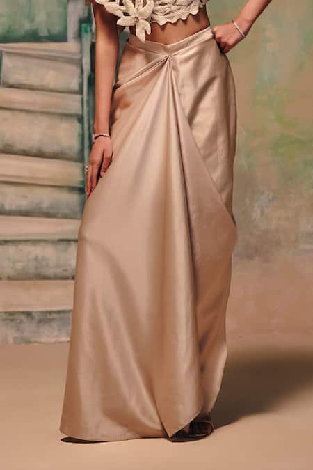 Label Moni K_Off White Jersey Cut Work Twilight Draped Skirt And Cape Set _Online_at_Aza_Fashions